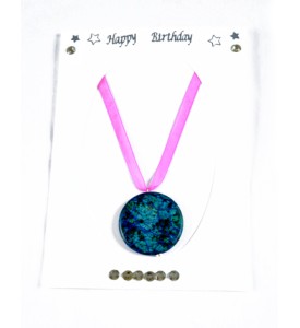 Adzo Jewellery Card-Birthday  pink ribbon and chrysocolla disc pendant